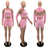 Pleated Sleeves Bleed Back Cutout Hooded Two Piece Drawstring Pants