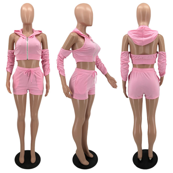 Pleated Sleeves Bleed Back Cutout Hooded Two Piece Drawstring Pants