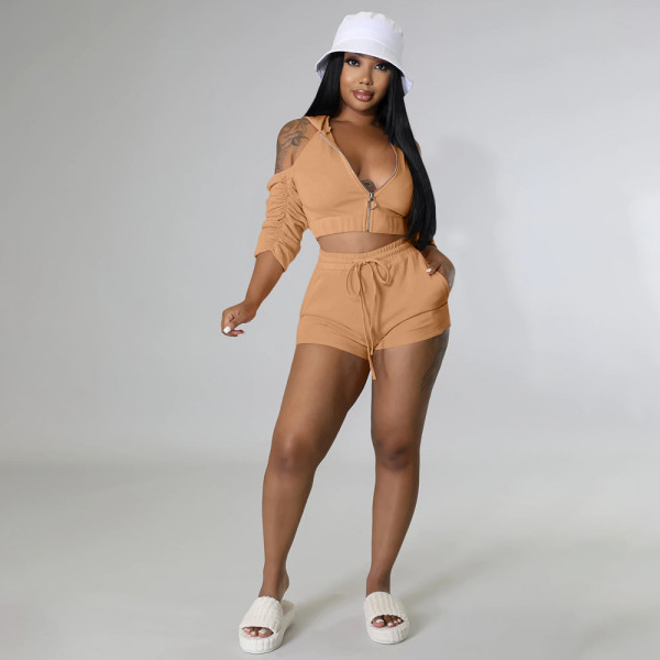 Pleated Sleeves Bleed Back Cutout Hooded Two Piece Drawstring Pants