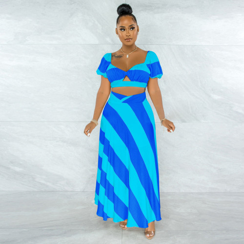 Short-sleeved t-shirt women's dress puff sleeve sexy navel long skirt
