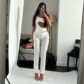 Women's Solid Color One Shoulder Hollow Vest Two Piece Fashion Casual Suit