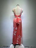 Casual suit V-neck short vest high-waist printed wide-leg pants two-piece set