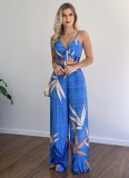 Casual suit V-neck short vest high-waist printed wide-leg pants two-piece set