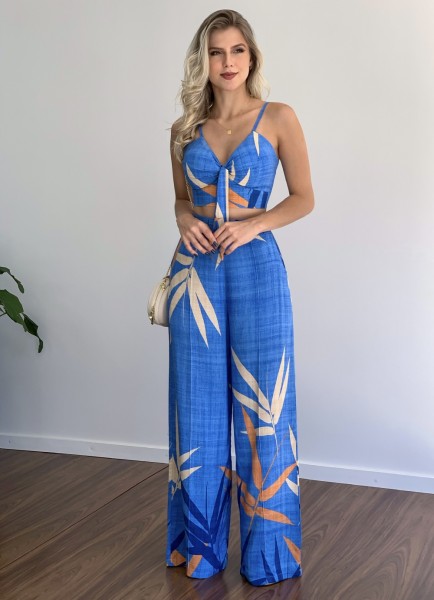 Casual suit V-neck short vest high-waist printed wide-leg pants two-piece set