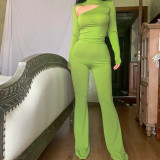 Solid Color Slim Fit Long Sleeve Hollow Micro Flared Pants Fashion Casual Suit Women