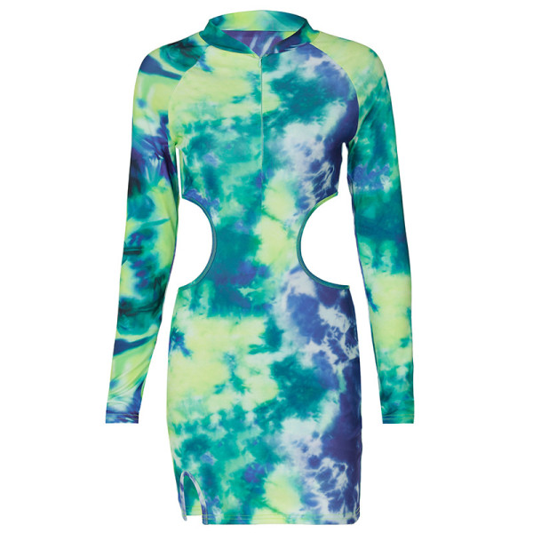 Tie Dye Print Sexy Hollow Zipper Cardigan Hip Dress Women