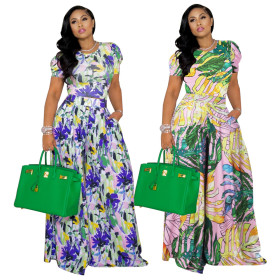 Casual lace-up printed puff sleeve suit wide leg pants two-piece set