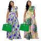 Casual lace-up printed puff sleeve suit wide leg pants two-piece set