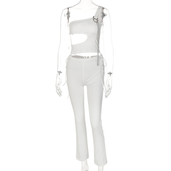 Women's Solid Color One Shoulder Hollow Vest Two Piece Fashion Casual Suit