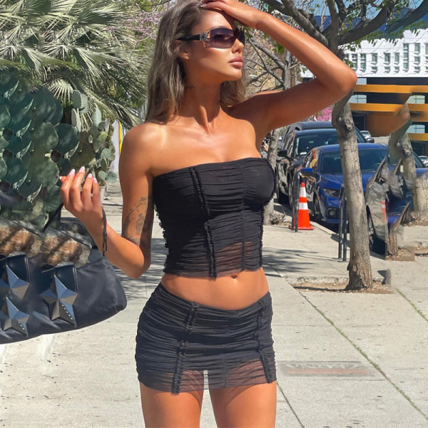 Mesh stitching short skirt two-piece fashion casual suit women