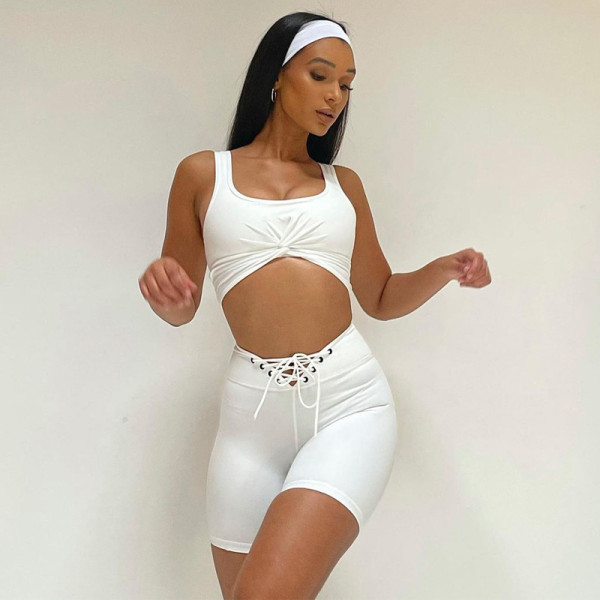 women's solid color vest lace-up shorts sports casual suit