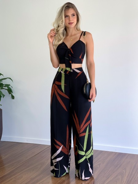 Casual suit V-neck short vest high-waist printed wide-leg pants two-piece set