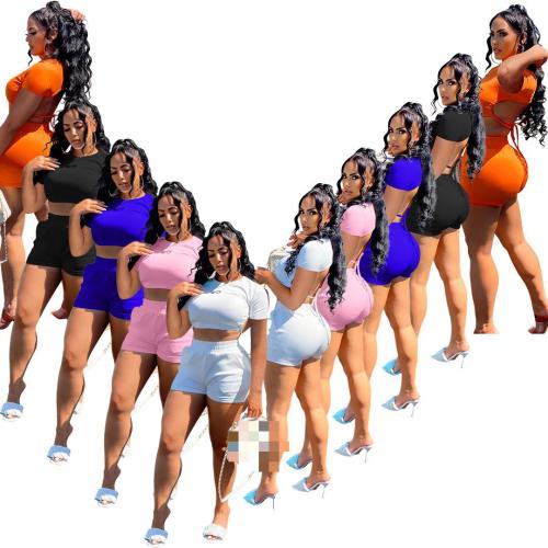 Women's Solid Color Shorts Short Sleeves Back Cutouts Drawstring Suits Cotton Faux Fabrics