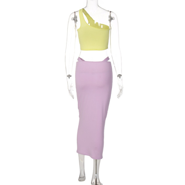 Contrast Color One-Shoulder Wrap Skirt Two-Piece Fashion Casual Set