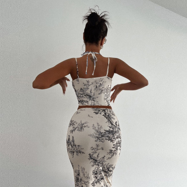 Retro style printed skirt two-piece fashion casual suit women