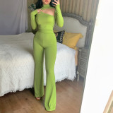 Solid Color Slim Fit Long Sleeve Hollow Micro Flared Pants Fashion Casual Suit Women