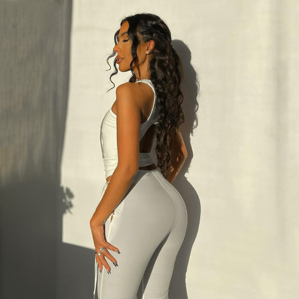 Women's Solid Color One Shoulder Hollow Vest Two Piece Fashion Casual Suit