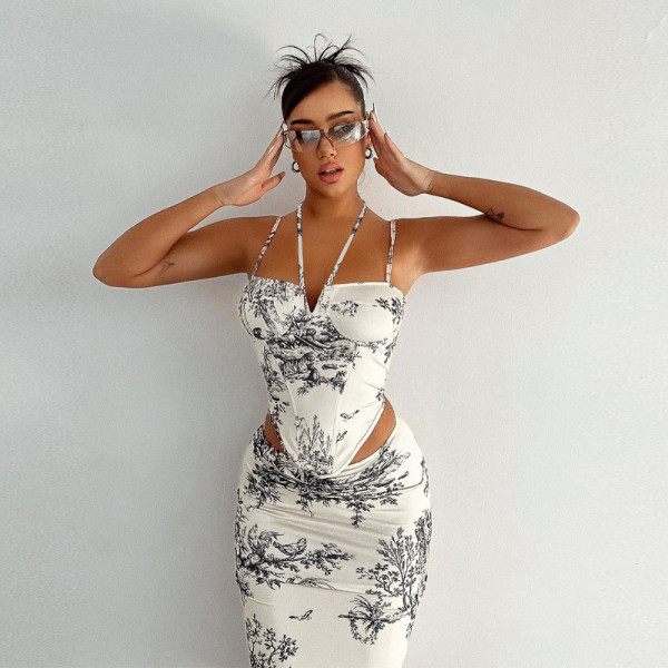 Retro style printed skirt two-piece fashion casual suit women