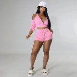 Pleated Sleeves Bleed Back Cutout Hooded Two Piece Drawstring Pants