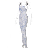 Fashion Print Drawstring Slim Fit Slim Open Back Sling Dress Women