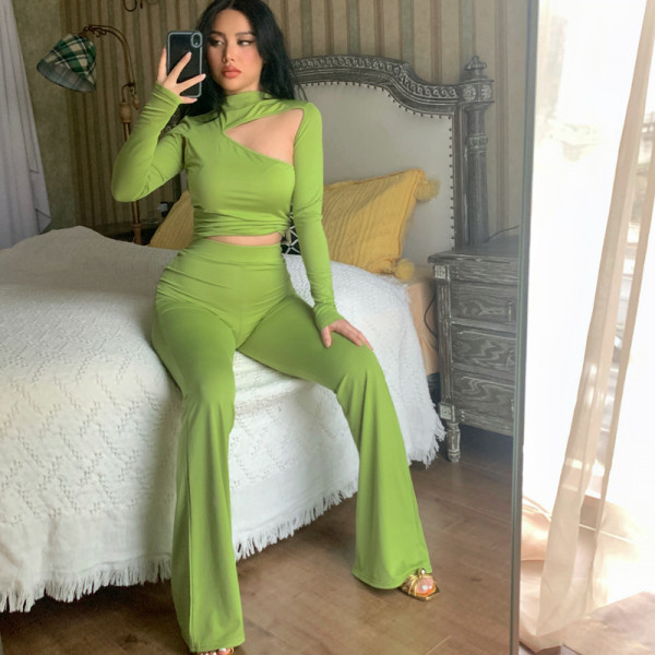 Solid Color Slim Fit Long Sleeve Hollow Micro Flared Pants Fashion Casual Suit Women
