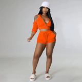 Pleated Sleeves Bleed Back Cutout Hooded Two Piece Drawstring Pants