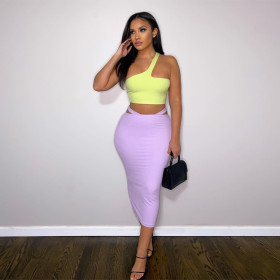 Contrast Color One-Shoulder Wrap Skirt Two-Piece Fashion Casual Set