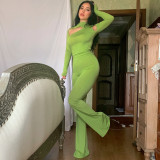 Solid Color Slim Fit Long Sleeve Hollow Micro Flared Pants Fashion Casual Suit Women
