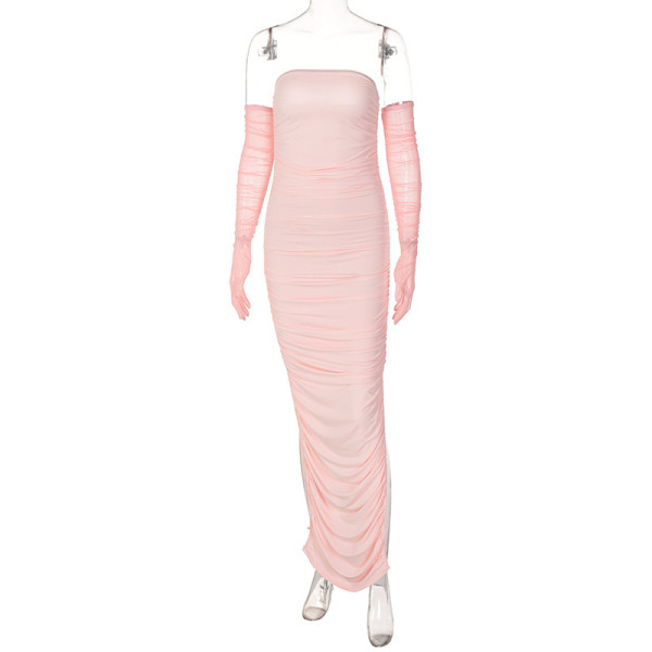 Mesh Sleeves Sexy Wrap Bust Pleated Long Dress