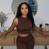 Fashion Slim Round Neck Sleeveless Top Tight Waist Sports Yoga Set