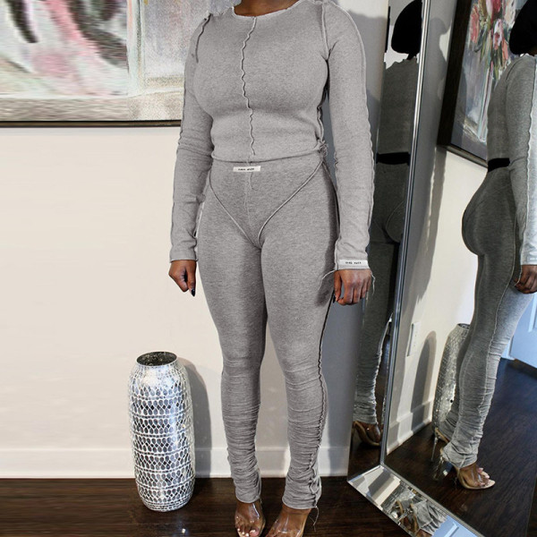 Fashion Reverse Design Slim Fit Long Sleeve Top Casual Pants Set