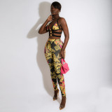 Fashion Casual Sling Wrap Chest Decorative Buckle Print Two-piece Set