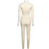 Solid Color Tight Short Sleeve Top High Waist Trousers Sports Casual Suit Women