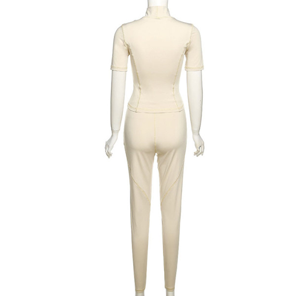 Solid Color Tight Short Sleeve Top High Waist Trousers Sports Casual Suit Women