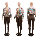Fashionable and casual all-match deep V-neck printed tight-fitting hip two-piece suit