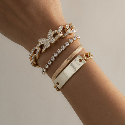 Hip-hop studded with diamonds Cuban chain butterfly bracelet set retro metal square plate flat snake bone chain bracelet