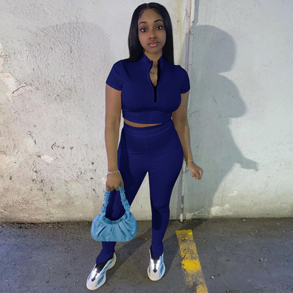 Fashion Leisure Sports Solid Color Rib Pit Two-piece Set