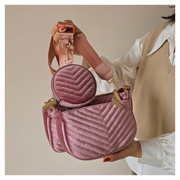 Gold velvet mahjong bag three-piece fashion V-shaped embroidery thread shoulder bag messenger bag
