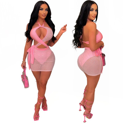 Hot style sexy hollow hanging neck perspective hot drill bag hip slim dress nightclub party style