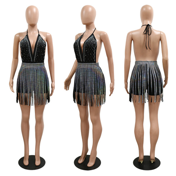 Sexy strappy V-neck leak-back hot drill jumpsuit and bright cloth skirt two-piece women's