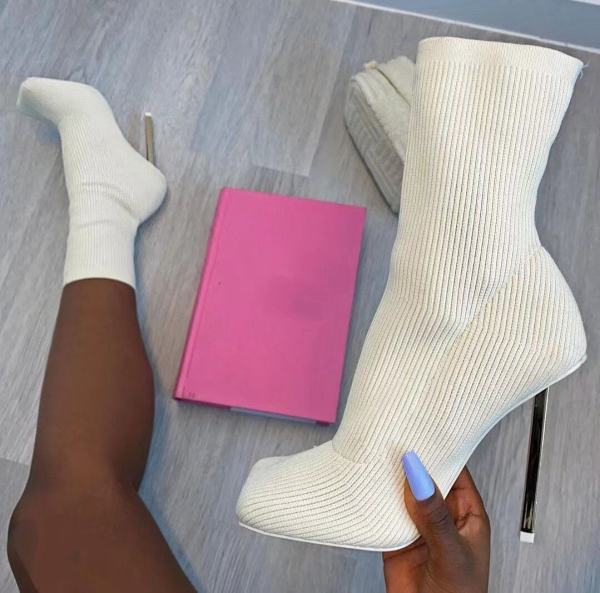 Large size flying knitted shoes elastic high-heeled mid-boots square toe stiletto knitted socks boots women