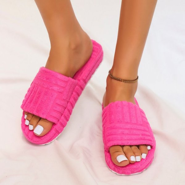 Cotton slippers large size terry cloth suede one-line flat casual foreign trade women's shoes