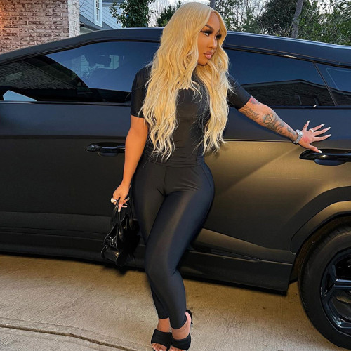 Solid Color Tight Short Sleeve Top High Waist Trousers Sports Casual Suit Women