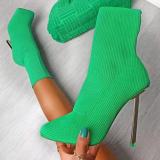 Large size flying knitted shoes elastic high-heeled mid-boots square toe stiletto knitted socks boots women