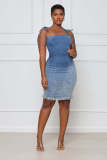 Women's Sexy Backless Sling Bag Hip Mid Length Slim Fit Raw Denim Dress