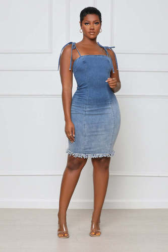 Women's Sexy Backless Sling Bag Hip Mid Length Slim Fit Raw Denim Dress