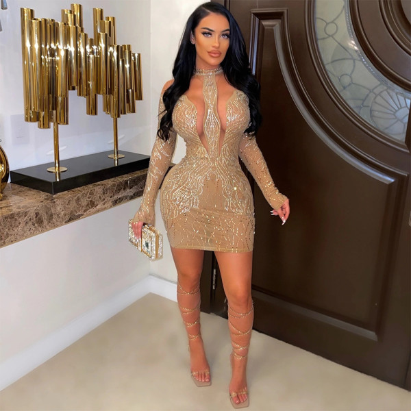 Fashion sexy perspective hot drill long-sleeved hip dress nightclub party