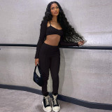Sexy Cropped Navel Slim Short Long Sleeve Top High Waist Casual Pants Set