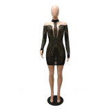 Fashion sexy perspective hot drill long-sleeved hip dress nightclub party