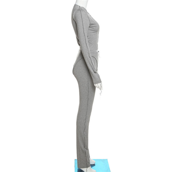 Fashion Reverse Design Slim Fit Long Sleeve Top Casual Pants Set